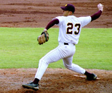 Brad Showalter, communications sophomore, hurls one of the pitches that earned him the honor of GCAC Pitcher of the Week.