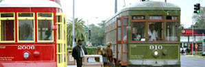 Two streetcars wait at the corner of Carrollton and South Claiborne Avenues, which is the last stop on the line.