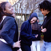 Erin Lamotte, management junior, Alex Wesley, drama/communications senior, and Reanda Fields, sociology senior, [left to right] dance in the res quad during a Third Friday event. Third Friday’s are sponsored by SGA, UPB and BSU.