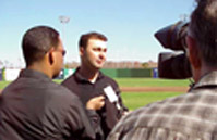 New Loyola baseball coach Gregg Mucerino talks to Joe Trahan of FOX 8 (WVUE) on the infield of his team’s new home stadium, Segnette Field. Segnette officials said Mucerino’s “contagious” enthusiasm will be sure to draw new fans to Loyola baseball. 