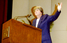 Sister Helen Prejean, critically acclaimed author of Dead Man Walking, addresses the audience in Roussel Hall Tuesday evening. 