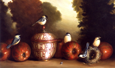 "Thai Vase, Apples and Nest" is an oil on linen by David Kroll. These birds are shown in a very natural setting, scattered among everyday items. Some of the artists in the show use birds because they are microcoms of ourselves who have greater access to the smaller parts of the world.