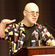 Thomas Dolby argues against Internet music piracy in Nunemaker Hall Tueday night. Dolby said that it was a moral imperative to not download.