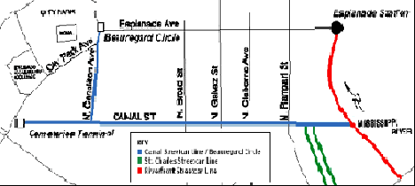 The Canal streetcar line runs from Esplanade Avenue to Canal Street.  The line connects with a spur line going on North Carrollton Avenue to City Park.  The original Canal line was discontinued in 1964.