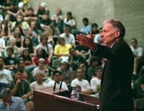 Independent presidential candidate Ralph Nader addresses an overflowing Nunemaker Hall at Loyola on Fri. Oct. 29. Nader asked the students to first open their minds in order to get their voices heard in the political system and to recover from what he called "growing up corporate." 