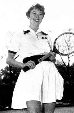 Ann bee Berrigan was the first female athlete at Loyola in 1958.  Sports Illustrated ran an article that featured this picture.  The athletic director asked her to stop playing because he felt it wasnÂ´t proper.