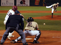 Catcher Brad Rodrigue, management senior, reaches for a pitch in Monday nightÂ´s contest against Trinity University at TulaneÂ´s Turchin Stadium on Claiborne Avenue. The Â´Pack lost 8-3 after a four-game winning streak including a three-game sweep of conference rivals Spring Hill College. Rain has postponed and cancelled several games.