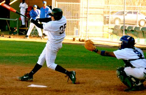 Sophomore outfielder Bobby Alvarez connects on a pitch last weekend at Segnette Field. Loyola, simmering off a six-game win streak, scored 65 runs as they swept Tougaloo. Loyola tops the National Association of Intercollegiate Athletics in runs scored per game and RBIs.