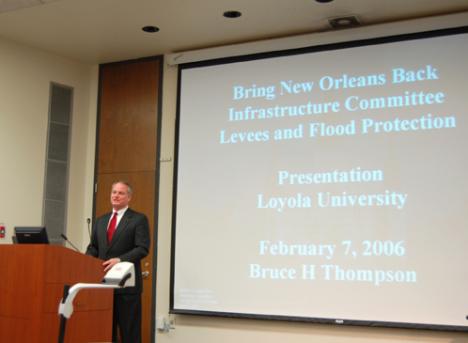 Bruce H. Thompson, president of Thompson Equipment Co., was one of several speakers Tuesday in Miller Hall. Local business leaders gave PowerPoint presentations and proposed plans to rebuild the cityÂ´s economy.