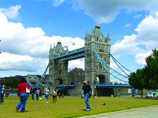 Loyola Study Abroad students take photos around the Tower Bridge in London on July 6, 2005.
