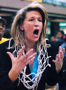 GCAC Coach of the Year Dobee Plasiance reacts after her team won the conference tournament Monda at The Den. Loyola advances to the NAIA national tournament to face Westminster (Utah) in their opener March 14.