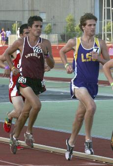 Matt Cagigal trails an LSU competitor at a meet in Baton Rouge April 21. Cagigal and teammate Richard Bouckaert are The Maroons male athletes of the year.
