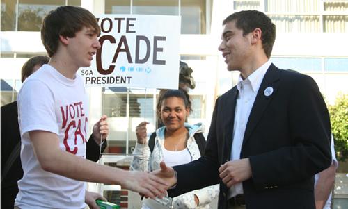 SGA president Elliot Sanchez makes his endorsement of prseidential hopeful Cade Cypriano known in front of a crowd of Cyprianos supporters. Sancez had planned to resign to endorse Cypriano.