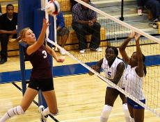 Ashley England scpres a kill against Dillard University during the third and final set of the game at the Dent Hall gymnasium at Dillard Sept. 22