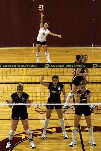 Keelyn Henderson, international business, serves the ball during a game against Spring Hill College. Loyola lost against the Belhaven College CLazers on Nov. 15. 