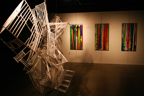 The exhibit featured the installation Layers by Eliza Schulze and two series, Under Construction and Over Construction by Alexandra Gelpi. At left is a piece from Gelpis Under Construction; at right are selections from Gelpis Over Construction.