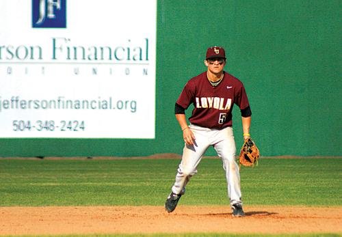 Taylor Domengeaux, general business sophomore, stands in position at shortsop during a recent game at Segnette Field. Domengeaux credits his work ethic to getting where he is today.