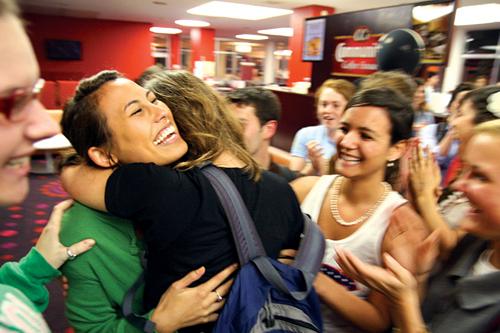 SGA president-elect and marketing junior Sarah Cooper hugs her campaign manager, mass  communication freshman Kate Gremillion, after SGA election results were announced March 31 in the Danna Center. Cooper won against opponent Ashley Shabankareh, music industry education senior, with a 60 percent majority.