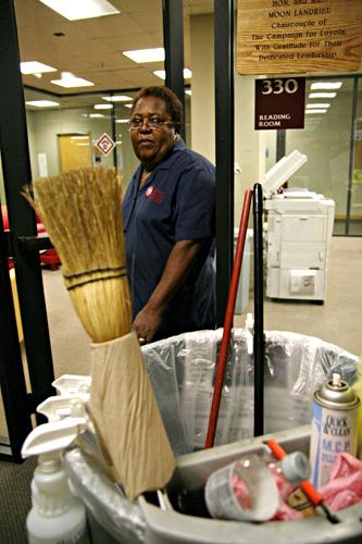 Sally Williams leaves room 330 on the third floor of the Communications/Music Complex. Williams has been working at Loyola for 9 years.