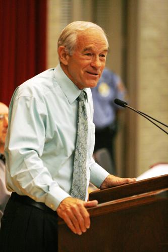 Rep. Ron Paul (R-Texas) speaks to a full audience in Nunemaker Hall Wednesday Sept.2.