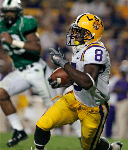 * FILE ** In this Sept. 13, 2008 file photo, LSU kick return specialist Trindon Holliday (8) races up field returning a punt 59 yards against North Texas during the second half of an NCAA college football game in Baton Rouge, La. LSU's Trindon Holliday and Florida's Brandon James are two of the most dynamic kick returners in the country. One of them could make the difference when the 11th-ranked Gators host the fourth-ranked Tigers. 