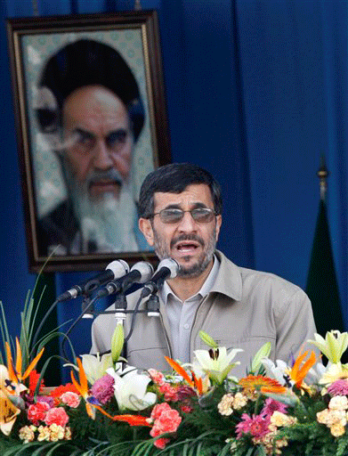 Iranian President Mahmoud Ahmadinejad, delivers his speech, during a military parade ceremony marking the 29th anniversary of the start of the 1980-1988 Iraq-Iran war, in front of the mausoleum of late revolutionary founder Ayatollah Khomeini just outside Tehran, Iran, Tuesday, Sept. 22, 2009. Ahmadinejad claimed Tuesday his country is now stronger than ever and warned that Iranian military will retaliate with full might against anyone who dares attack it.
