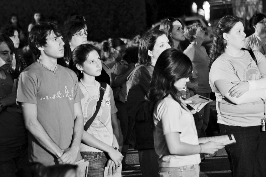 Students listen to a speech on violence at Take Back the Night back on Nov. 5, 2008 