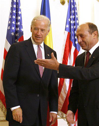 U.S. Vice President Joe Biden, left, chats with Romania's President Traian Basescu, right, at the Cotroceni Presidential palace in Bucharest, Romania, Thursday, Oct. 22, 2009. Biden arrived in Romania late Wednesday on the highest-level visit yet by the Obama administration to the country