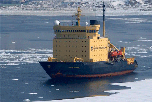 In this photo taken in March 2006 the Captain Khlebnikov icebreaker seen in the Russia's Pacific port of Vladivostok, about 6,400 km (4,000 miles) east of Moscow. A Russian shipping company says that its icebreaker, the Captain Khlebnikov, carrying over 100 tourists, scientists and journalists, including a BBC camera crew, on an Antarctic cruise has got stuck in ice. The ship is waiting for a stronger wind to begin moving, Russian news agencies reported.