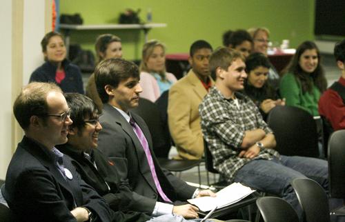 During a SGA Town Hall meeting in the Audubon room Tuesday, Nov. 17, students react to the panels responses. Staudents raised questions about dining services, University Sports Complex policies and campus saftety issues.