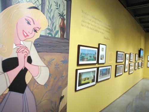 The Sleeping Beauty room of the Dreams Come True exhibit in the New Orleans Museum of Art features original hand drawn character sketches as well as storyboards from Disneys third princess movie.