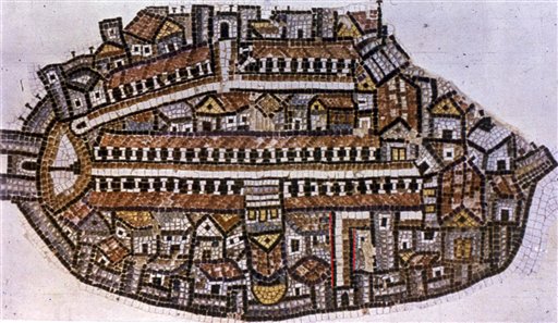 In this image distributed Wednesday, Feb. 10, 2010 by Israel's Antiquities Authority, an image of the Madaba map that was found in a Jordanian church is seen, with red marks placed in the area representing a recently excavated Byzantine street in Jerusalem's Old City. Archeologists say that the street provides unprecedented evidence of what life was like in Jerusalem in Byzantine times. Archeologists say the discovery of the street confirms that Madaba map was accurate.
