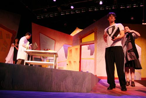 Theatre arts freshman Andrew Gude, right, rehearses his role as Bormenthal as Adam Davis, theatre arts freshman, portrays Professor Preobrajensky in “Heart of a Dog,” which will be performed next week in Marquette Theatre.