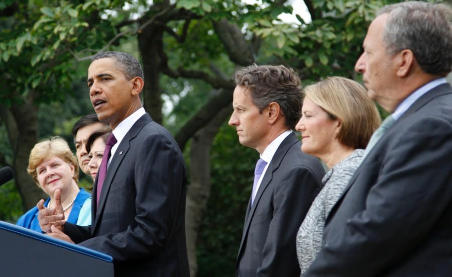 President Barack Obama, center, delivers a statement on monthly jobs number, Friday, Sept. 3, 2010, in Rose Garden of the White House in Washington. From left are, outgoing Council of Economic Advisers Chair Christina Romer, Commerce Secretary Gary Locke, Labor Secretary Hilda Solis, the president, Treasury Secretary Timothy Geithner, Small Business Administrator (SBA) Karen G. Mills and National Economic Council Director Lawrence Summers.
