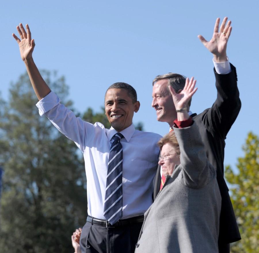 President Barack Obama, stands with Maryland Gov. Martin O'Malley and Sen. Barbara Mikulski, D-Md., before speaking at a campaign rally for O'Malley, Thursday, Oct. 7, 2010, at Bowie State University in Bowie, Md.
