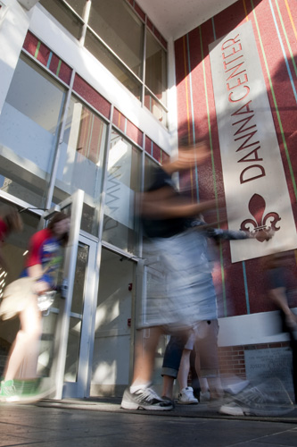Students exit the Danna Center in between classes Wednesday, Oct. 13. Plans are being made to renovate the Danna Center next year.