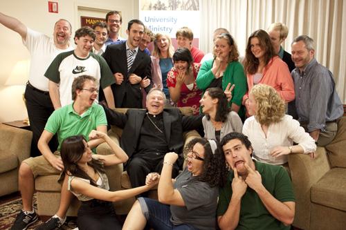 The Most Rev. Gregory Aymond, archbishop of the New Orleans Archdiocese, poses with members of Compass. The purpose of his visit was to discuss matters concerning the Catholic Church, in relation to college students’ lives.