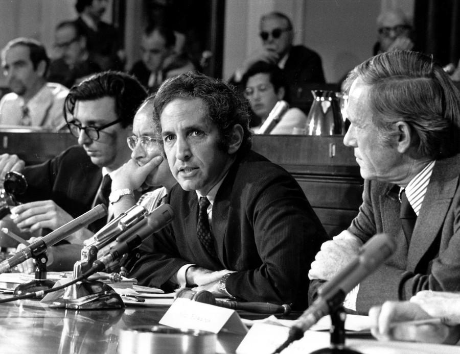 FILE - In this July 28, 1971 file photo, Daniel Ellsberg, former Defense Department researcher who leaked top-secret Pentagon papers to the press, speaks to an unofficial House panel investigating the significance of the war documents, as Rep. Don Edwards, D-Calif., right, looks on, in Washington. 