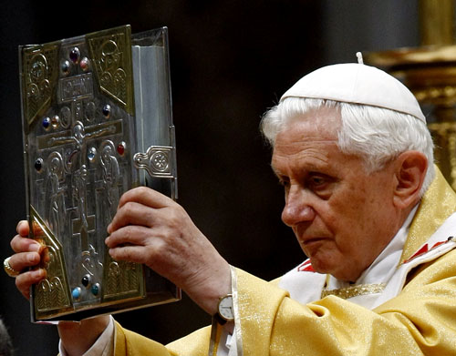 Pope Benedict XVI celebrating mass.  The Pope’s statements on the use of condoms have ignited controversy in the Catholic world.