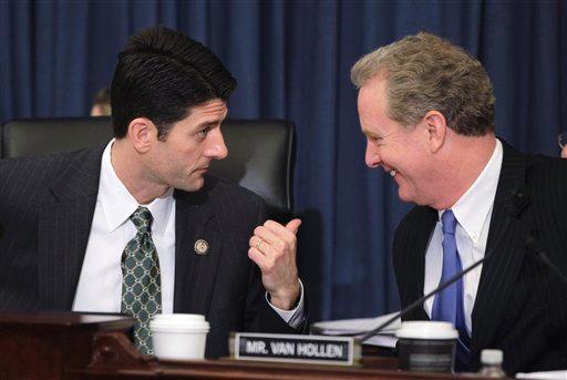 In this Jan. 26, 2011, file photo House Budget Committee Chairman Rep. Paul Ryan, R-Wis., left, talks with with the committee's ranking Democrat, Rep. Chris Van Hollen, D-Md., on Capitol Hill in Washington. Republicans now controlling the House promised Thursday Feb. 3, 2011, to slash domestic agencies' budgets by almost 20 percent for the coming year, the first salvo in what's sure to be a bruising battle over their drive to cut spending to where it was before President Barack Obama took office