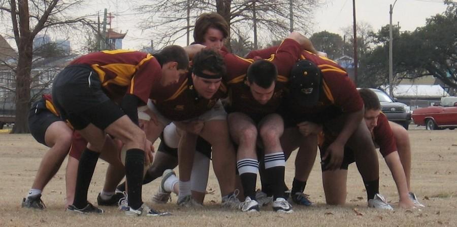 Forwards from the Loyola rugby team bind together to form a scrum. The Wolfpack rugby team will be playing Tulane in the quad by the Lavin-Bernick Center Saturday Feb. 12.