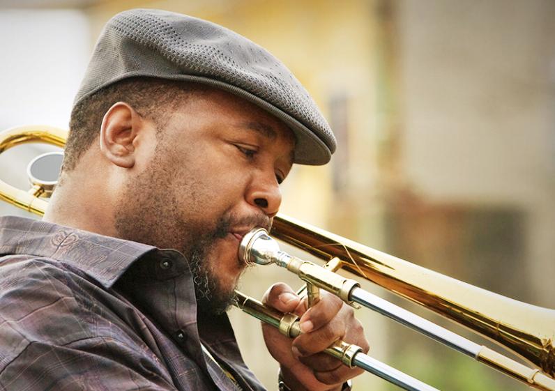 Actor/musician Wendell Pierce sounds off on a trombone. Pierce plays Antoine Batiste on HBO’s hit series, “Treme,” and is Loyola’s commencement speaker for the class of 2011.