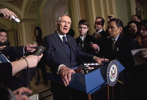 Senate Majority Leader Sen. Harry Reid, D- Nev., talks to the media after a Democratic policy luncheon on Tuesday, March 1, 2011, in Washington.