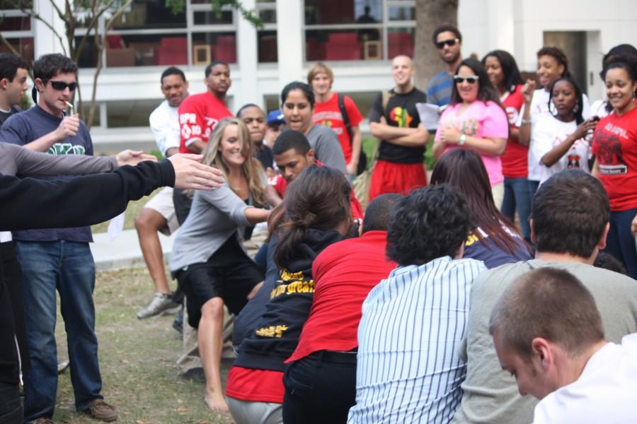 Members of all Loyola fraternities and sororities partcipate in a tug of war at this year’s Greek Week. Greek Weeks ends with field day events.