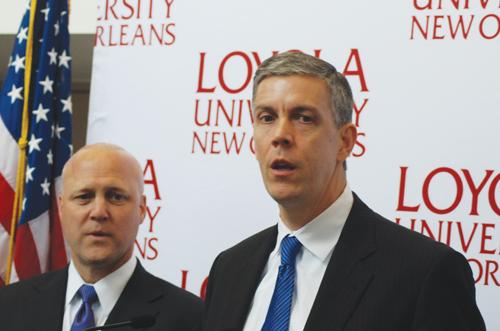 U.S. Secretary of Education Arne Duncan visited Loyola to promote the TEACH campaign. New Orleans Mayor Mitch Landrieu (left) accompanied Duncan at the meeting, where they responded to many questions about encouraging students to become teachers.