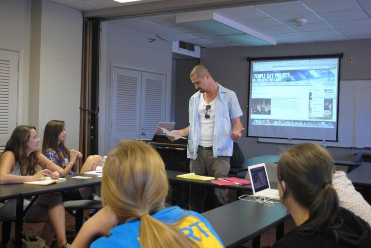 Jarret Lofstead, English instructor, teaches Writing and  the internet. Other film studies are held in this classroom
