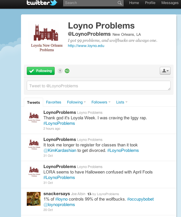 Students are using social media to involve Loyola with their favorite networking sites, such as Twitter, Tumblr and Facebook. Photos from the Tumblr blog 30*90*THREADS (upper right corner) share campus fashion, while a variety of Twitter accounts riff on Internet “memes.”