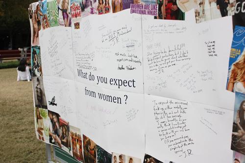 Student Advocates for Gender Equality placed a board in the Peace Quad Monday, Nov. 7 asking, What do you expect from women? on one side and What do you expect from men? on the other. The board was taken down the net day due to too many offensive comments.