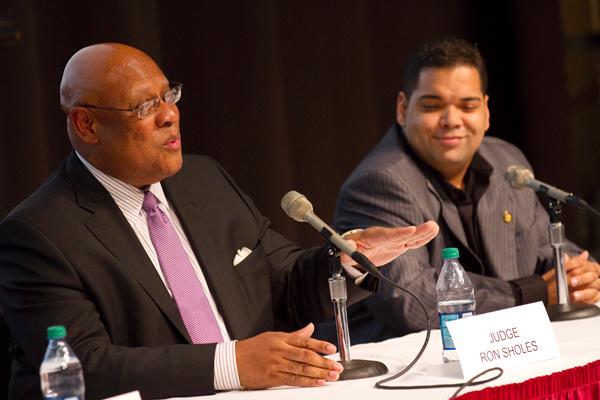 New Orleans judge Ron Sholes, left, speaks on a panel along with former State Rep. Juan LaFonta at the State of the Cit y forum in Nunemaker Hall Thursdae, March 1. 