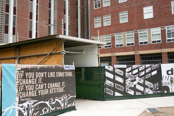 Buddig Hall has a temporary entryway as a result of exterior construction to the building (bottom right). 